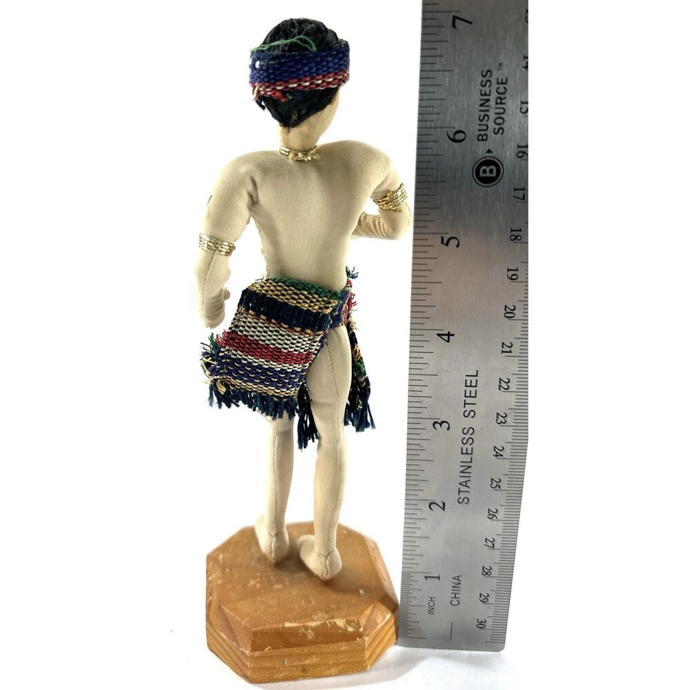 Vintage Handmade Tribal Folk Art Doll 7” Felt Figure Woven Skirt Wood Base - Picture 5 of 7